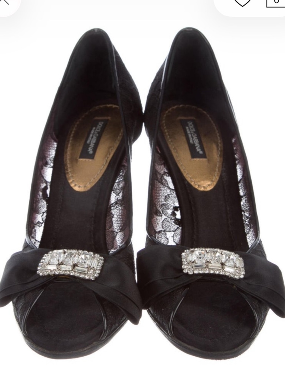 Dolce & Gabbana Black Lace Peep-Toe Heels with Satin Bow and Crystal Buckle